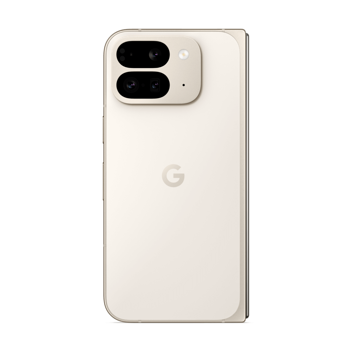 Ein helles Smartphone mit zwei Kameras auf der Rückseite und einem Google-Logo.