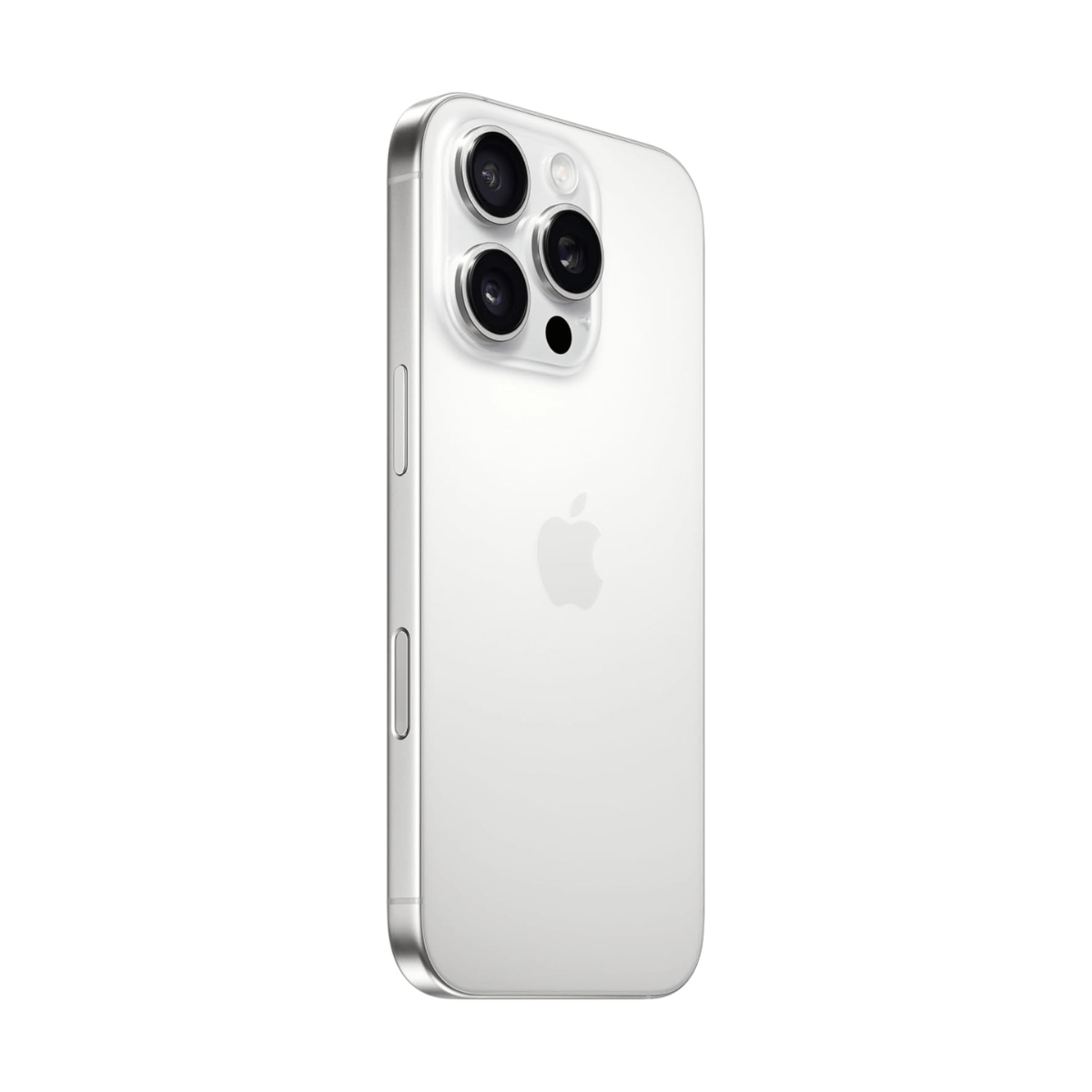 Biały iPhone 15 Pro z potrójnym aparatem, srebrną ramką, na białym tle.