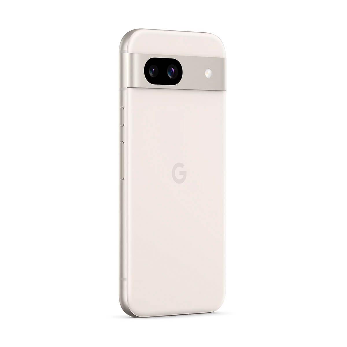 Biały tył telefonu Google Pixel 7a, z aparatem i lampą błyskową.