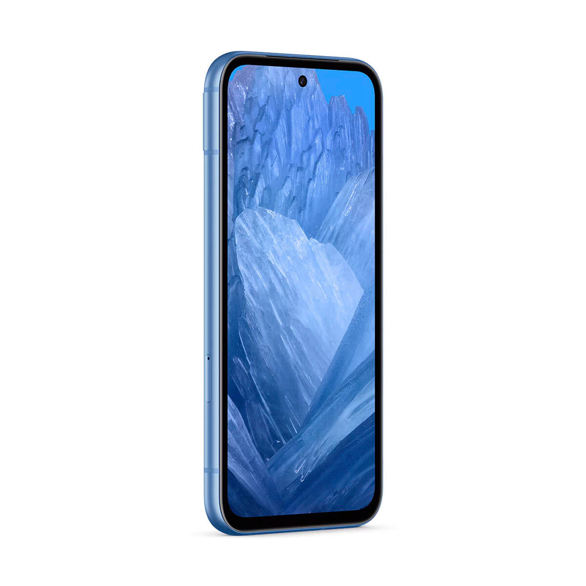 Niebieski smartfon przechylony w prawo, wyświetlający lodową tapetę.