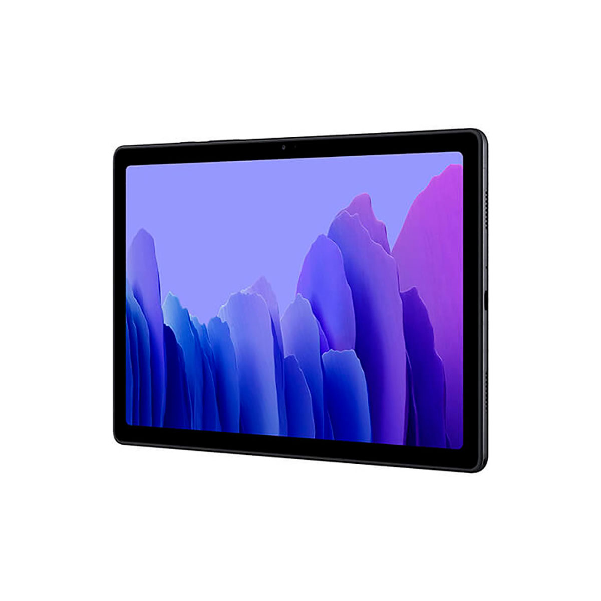 Ein schwarzes Tablet mit einem lila und blauen Hintergrundbild.