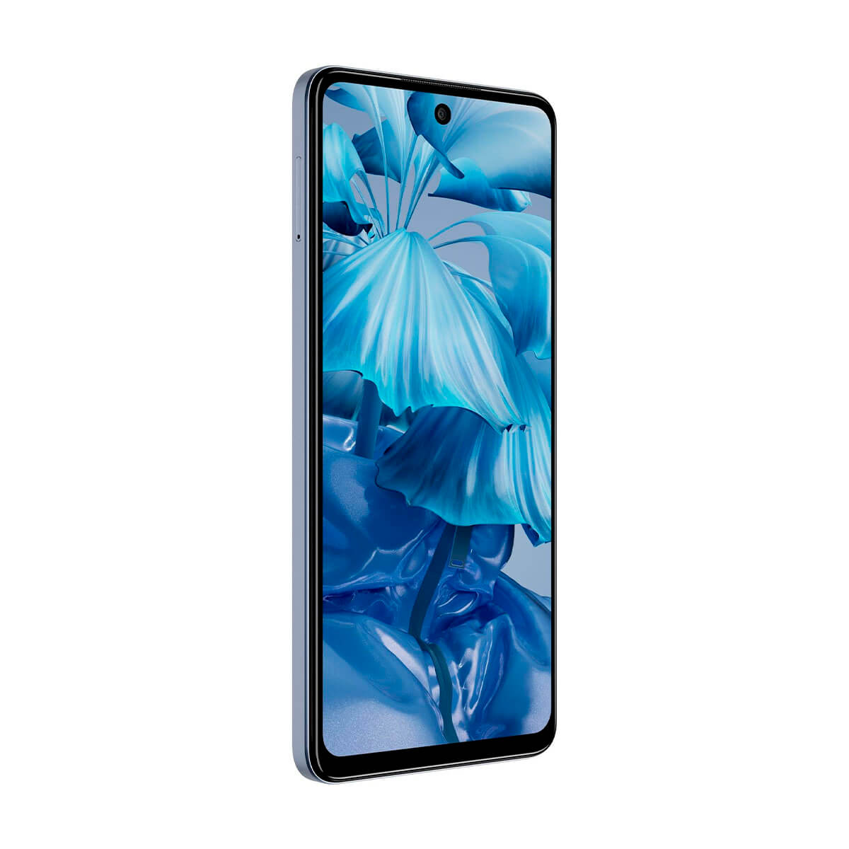Ein blaues Smartphone mit einem abstrakten blauen Blumen-Hintergrundbild.