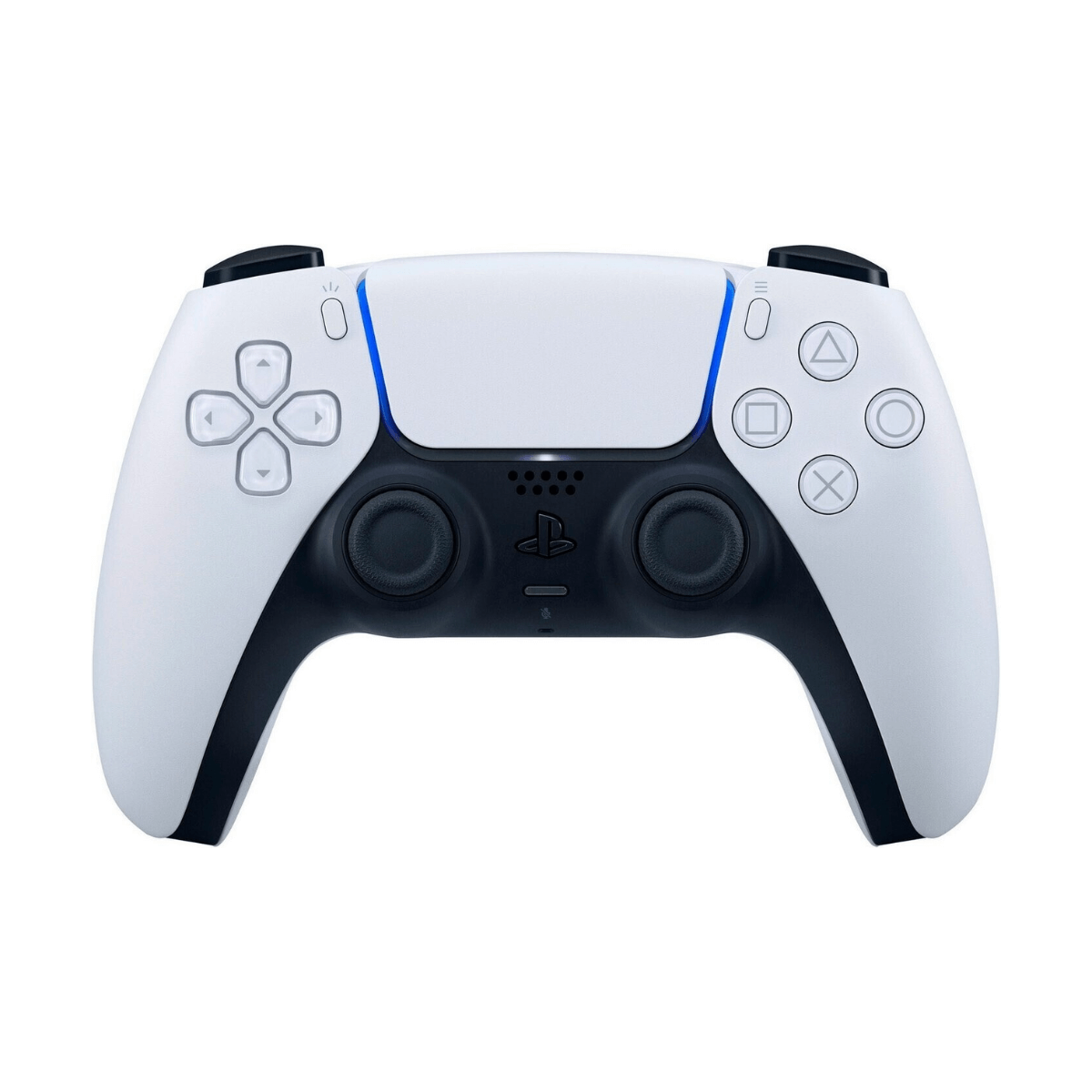 Biały i czarny kontroler PlayStation 5 z niebieskimi akcentami.