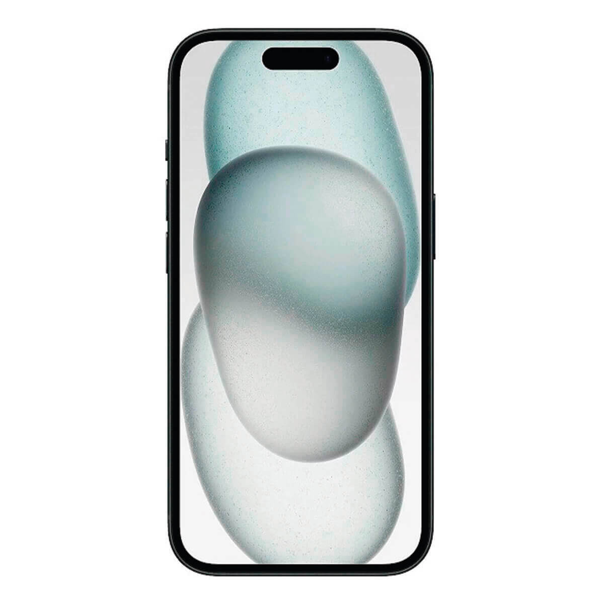 Een zwarte smartphone met op het scherm een abstracte blauw-witte achtergrond.