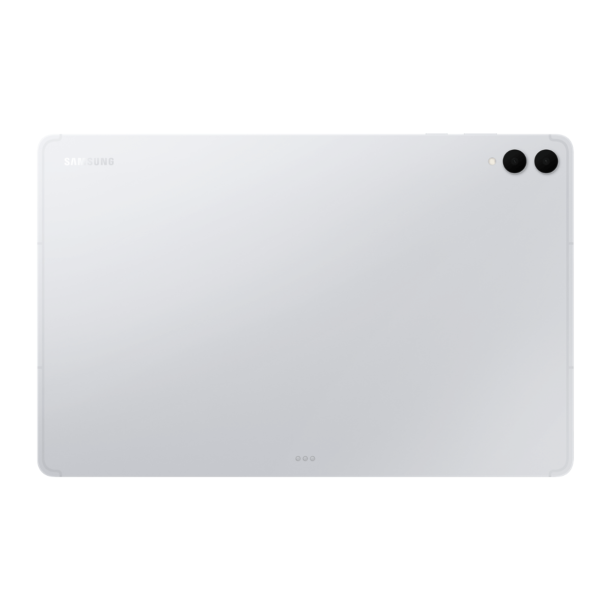 Achterkant van een witte Samsung tablet met twee camera's en oplaadcontacten.
