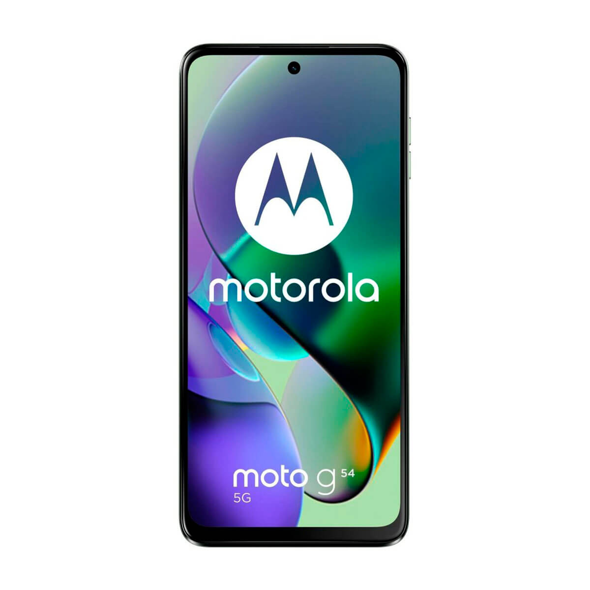 A Motorola Moto G54 5G smartphone with a colorful background.