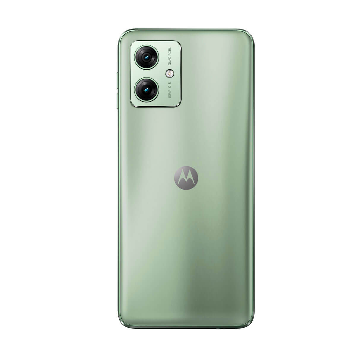 Back of a light green smartphone with dual camera and Motorola logo.
