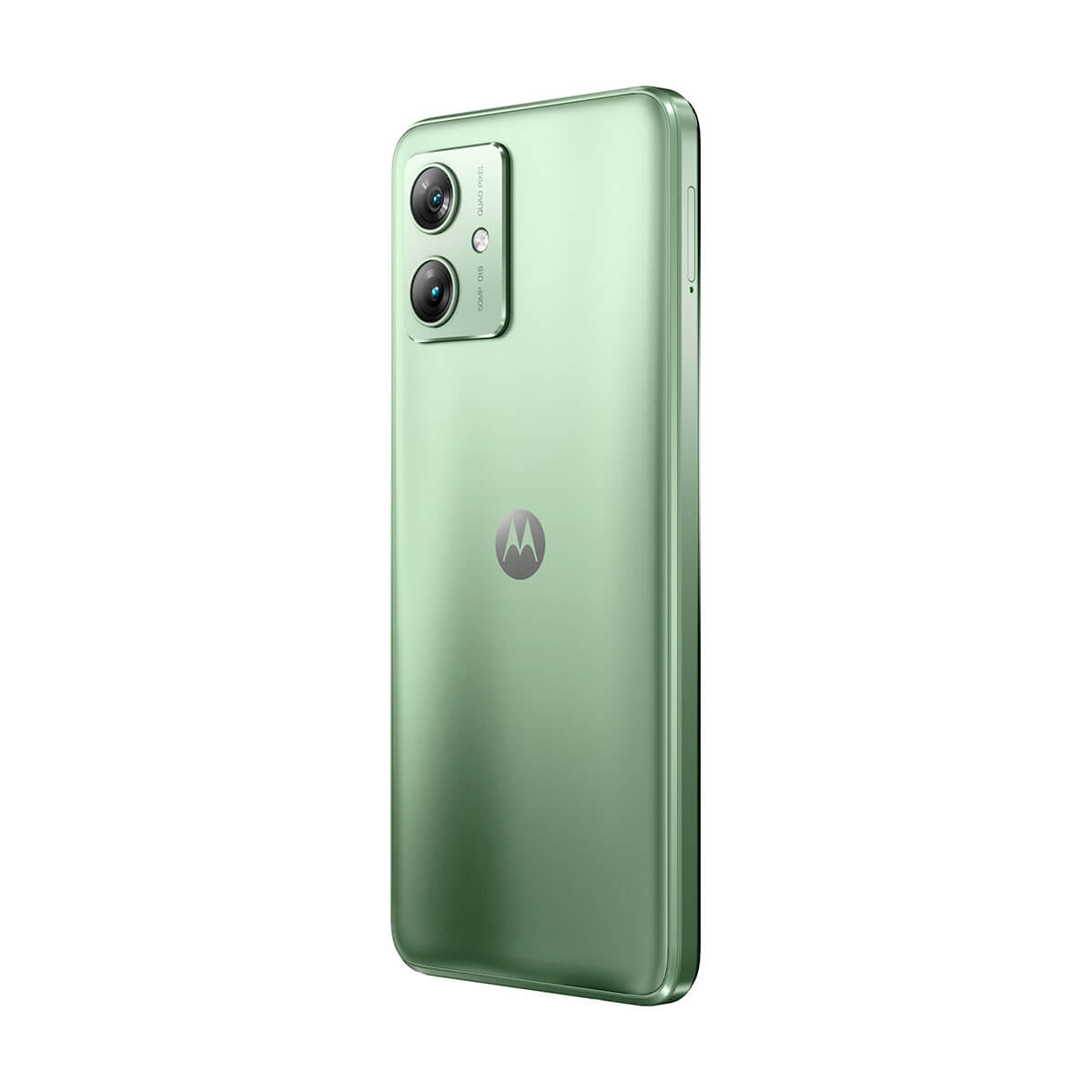 Back of a mint green smartphone with dual cameras and Motorola logo.