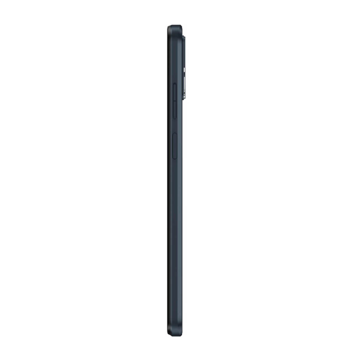Smartphone grigio scuro visto di lato con pulsanti su sfondo bianco.