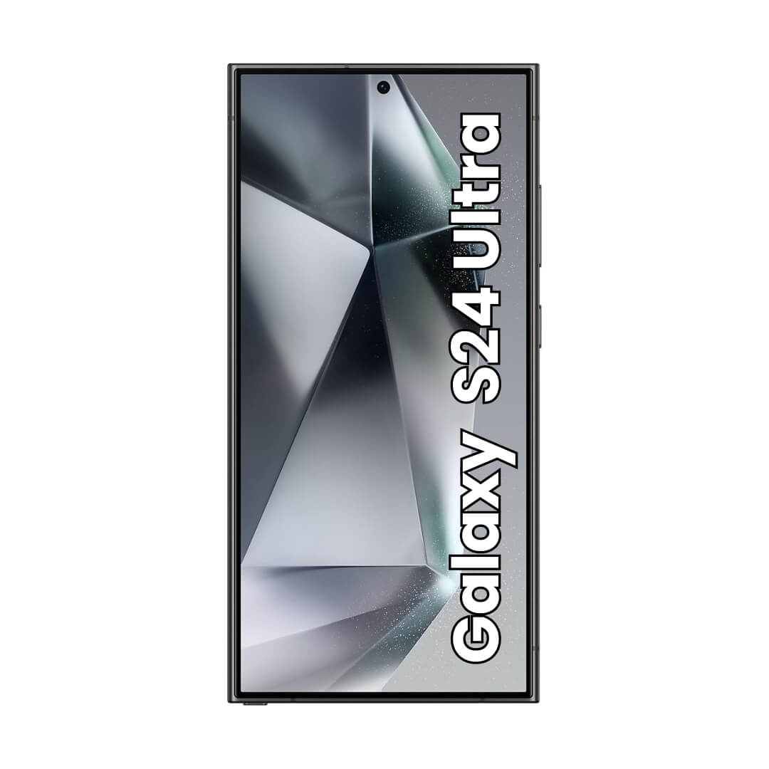 Een zwarte Samsung Galaxy S24 Ultra smartphone met een geometrische achtergrond.