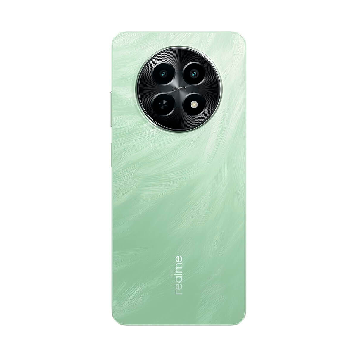 Jasnozielony smartfon Realme z okrągłą obudową aparatu i teksturowanym tyłem.