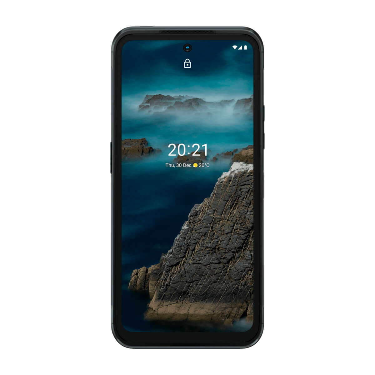 Een smartphone met vergrendeld scherm toont een nachtelijk berglandschap met de tijd 20:21.
