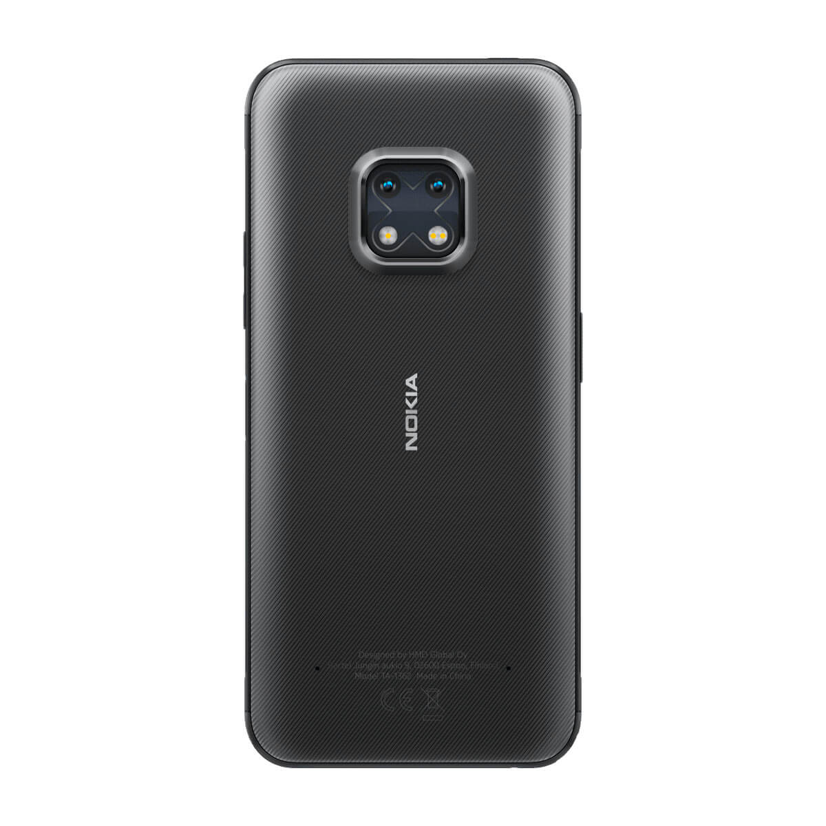 Achterkant van een zwarte Nokia smartphone met ribbeltextuur en vierkante cameraproject.