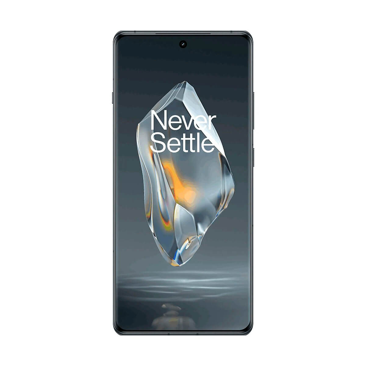 Een smartphone met een kristalachtig object en de tekst "Never Settle" op het scherm.