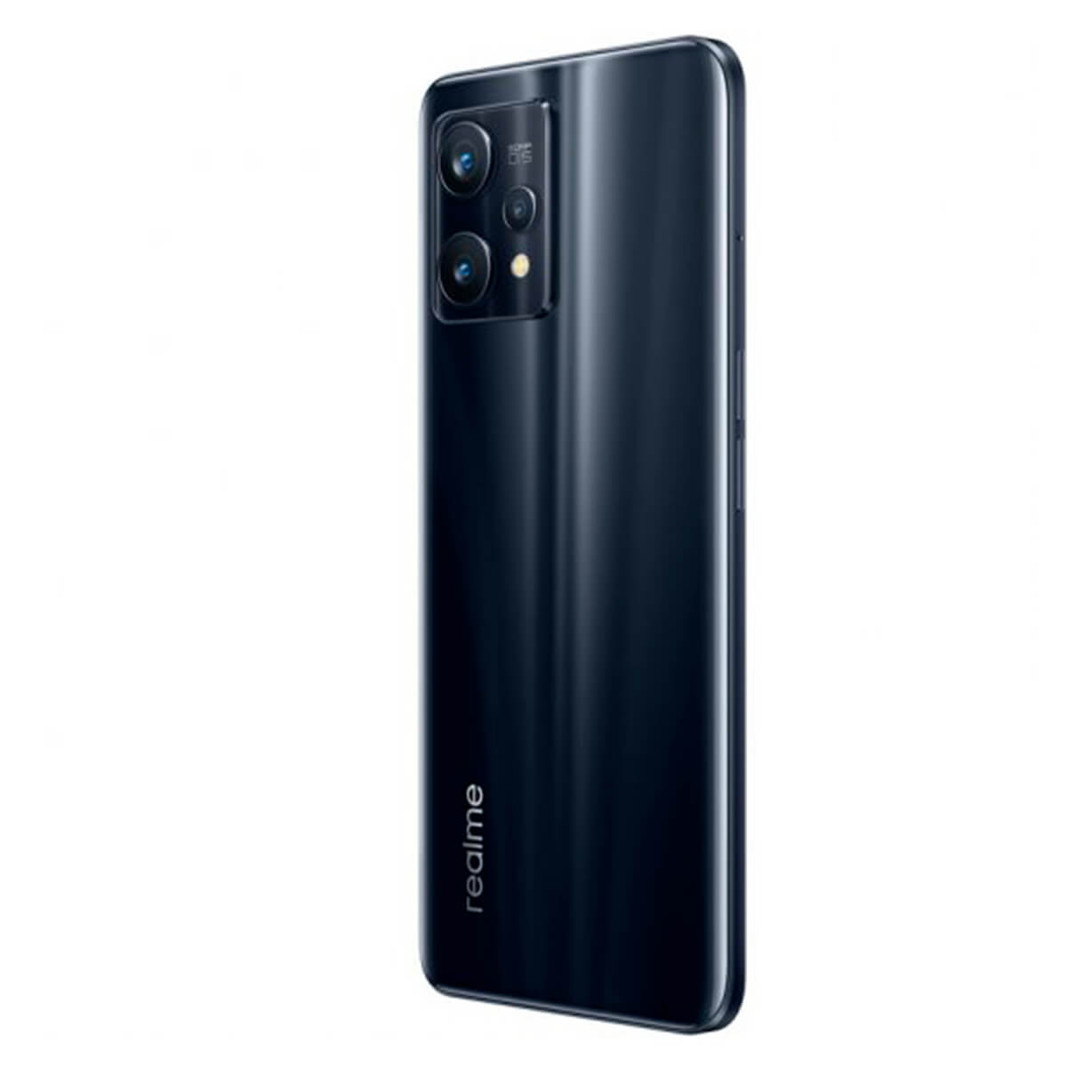 Teléfono inteligente azul oscuro con cámara triple y logo Realme.