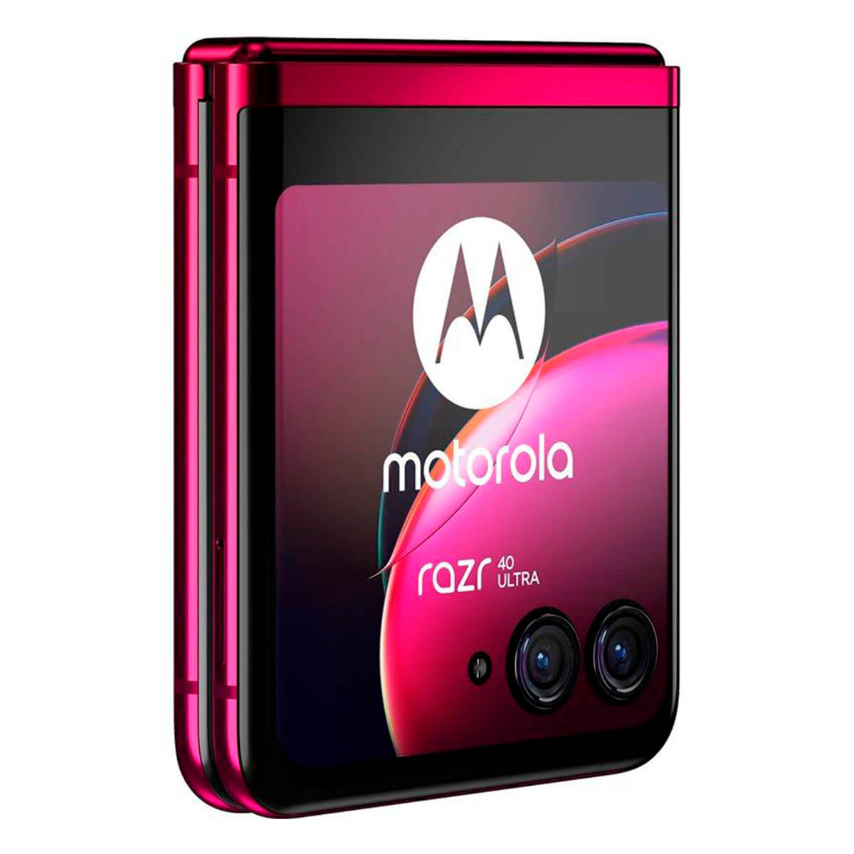 Zamknięty, błyszczący, czerwony telefon składany Motorola Razr 40 Ultra z dwoma aparatami.