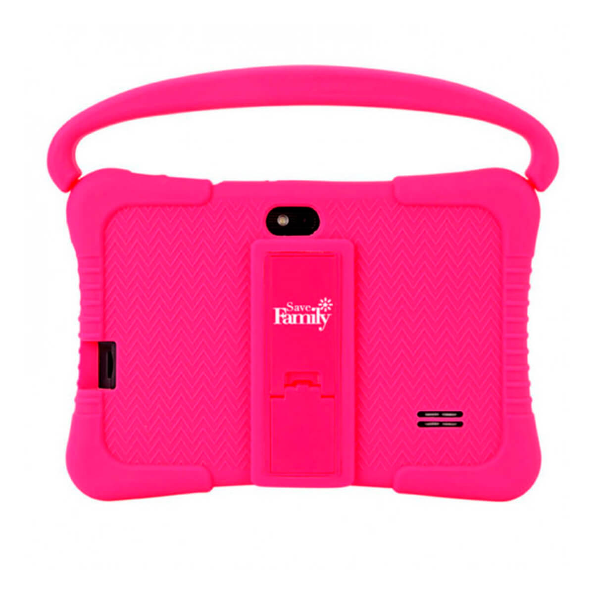 Un tablet rosa con supporto e manico, su sfondo bianco.