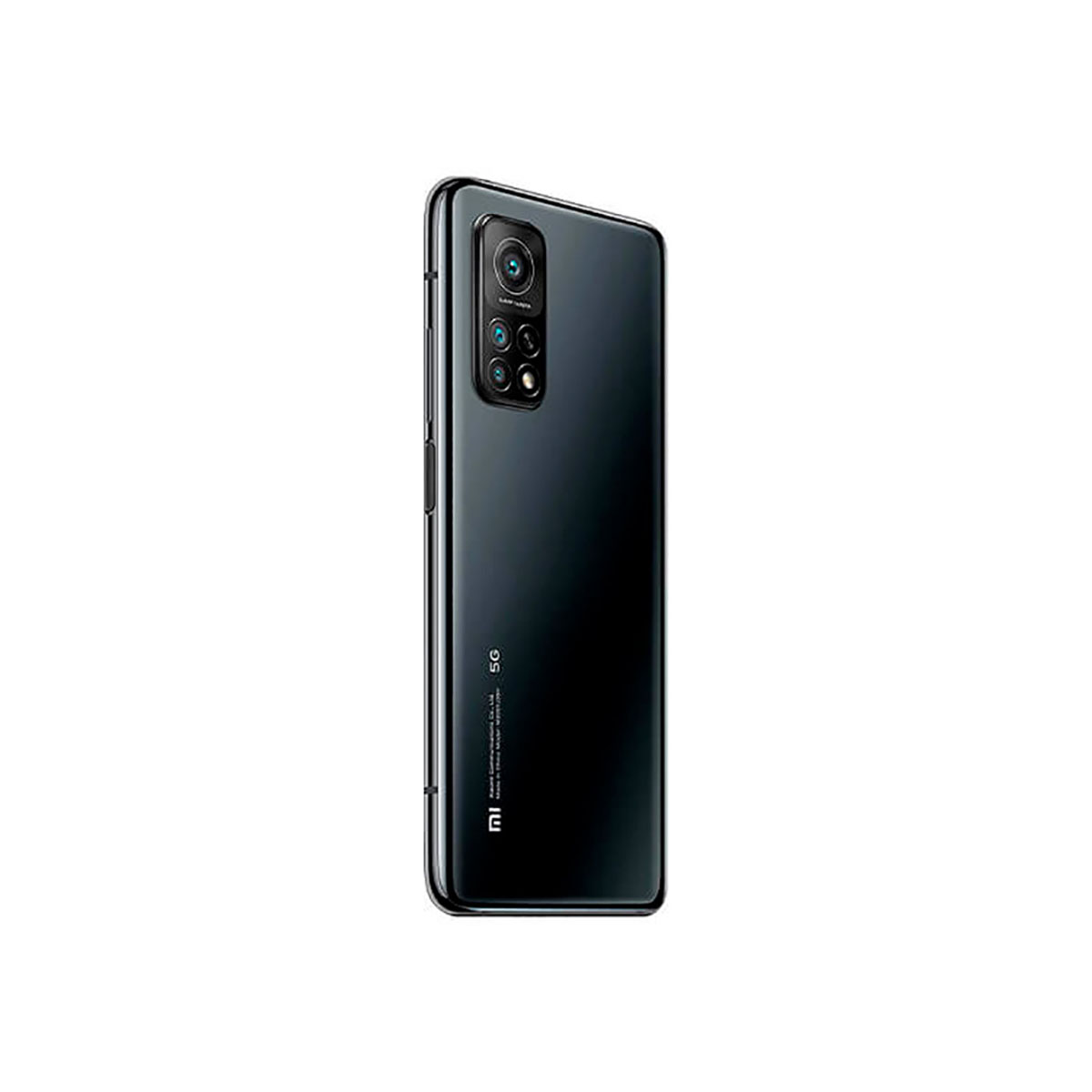 Ciemny smartfon z poczwórnym aparatem z tyłu, logo 5G i marką Mi.