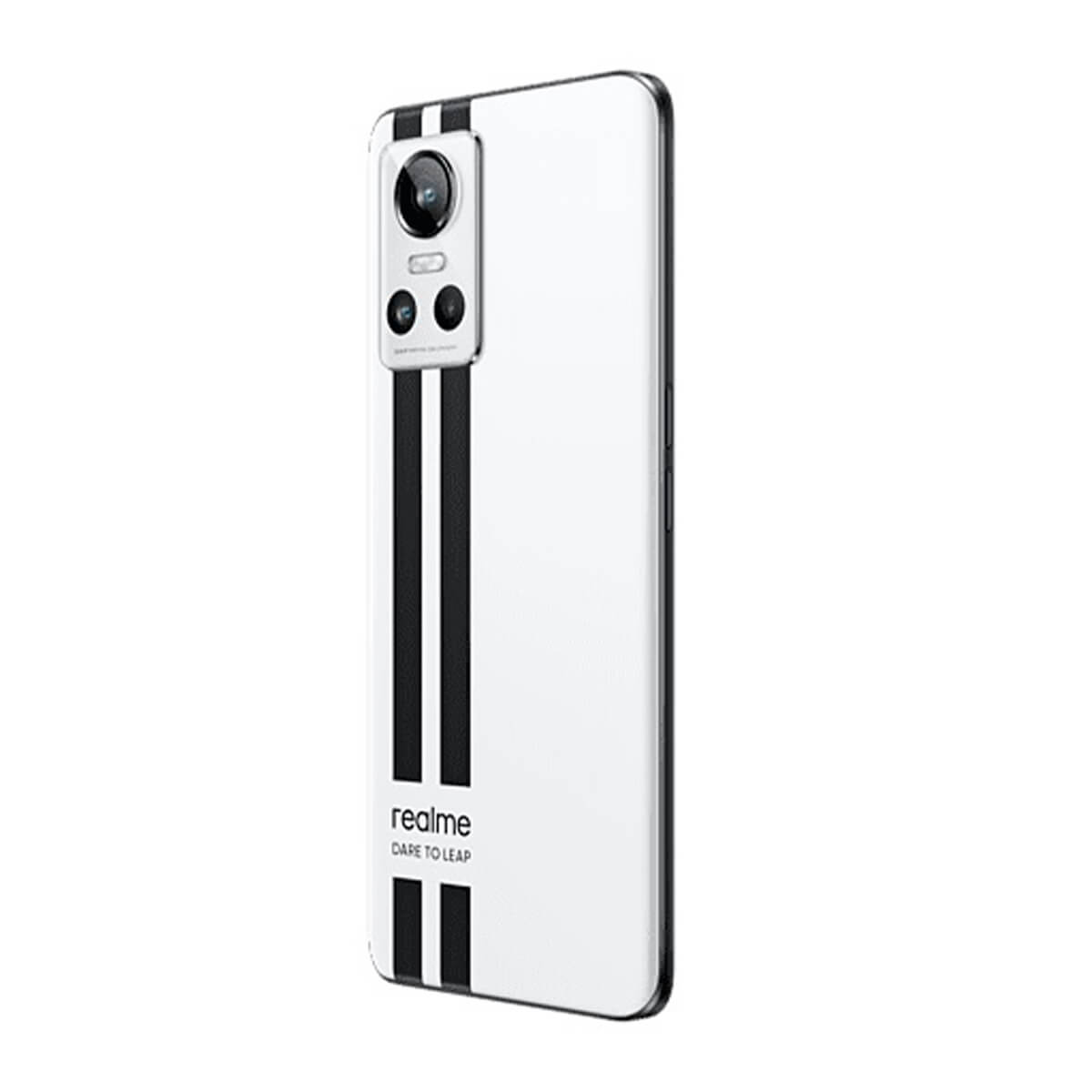 Uno smartphone bianco con strisce nere e fotocamera posteriore.