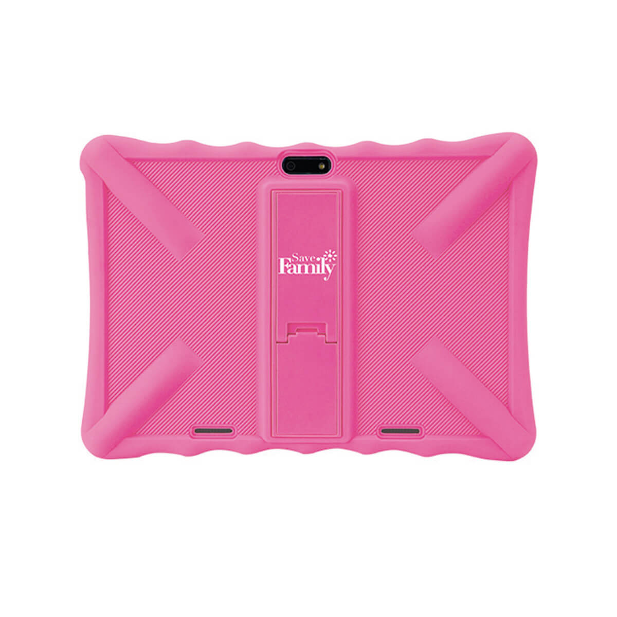 Un tablet rosa con supporto sul retro e logo Save Family.