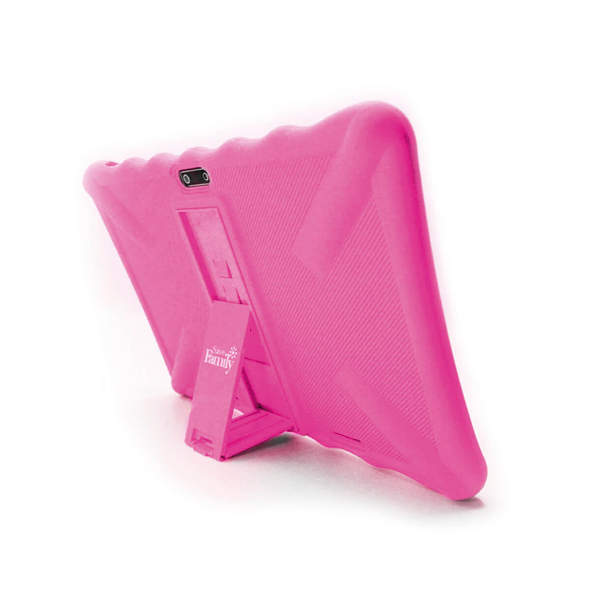 Un tablet rosa con supporto e fotocamere, isolato su sfondo bianco.