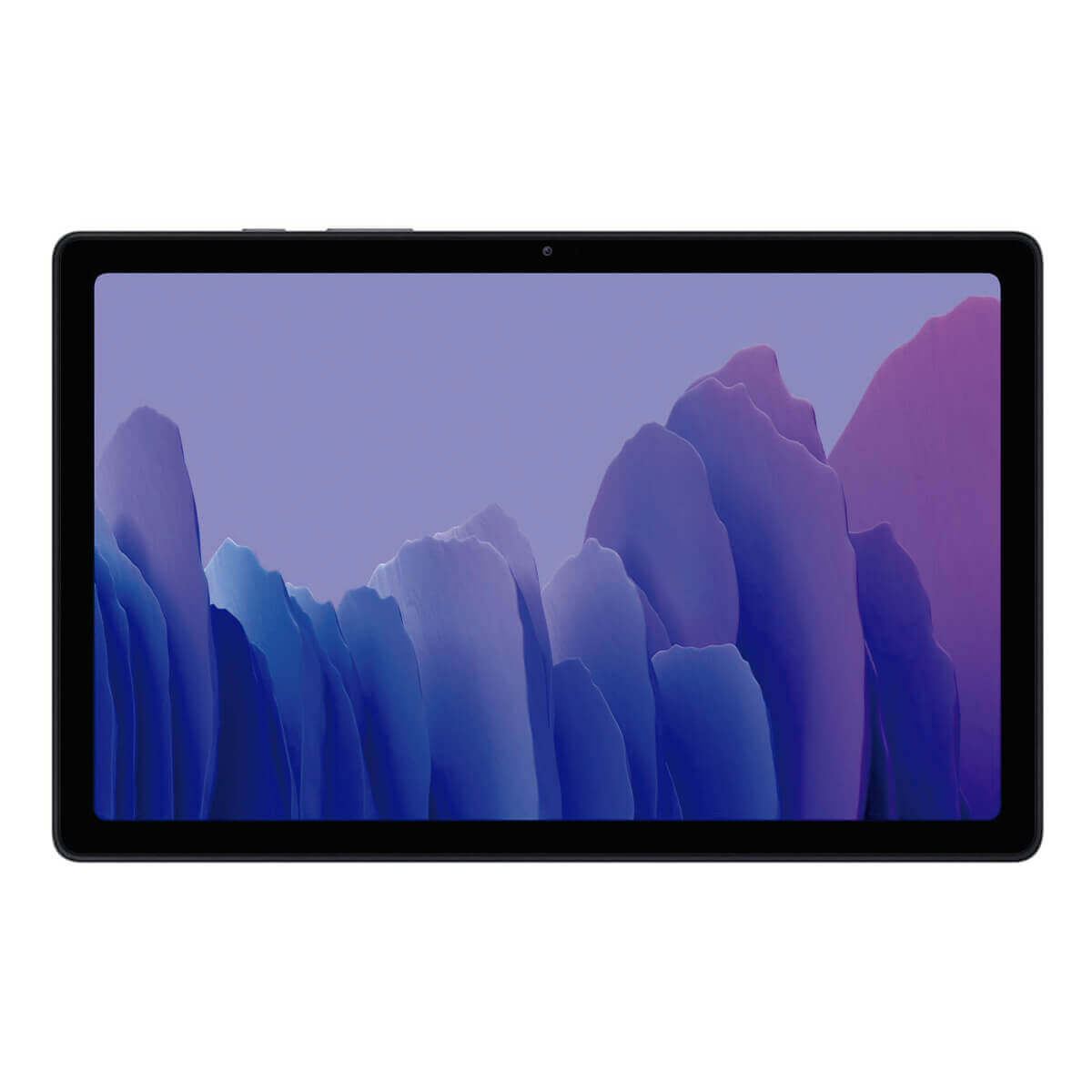 Una tableta negra con un fondo de pantalla abstracto morado y azul.