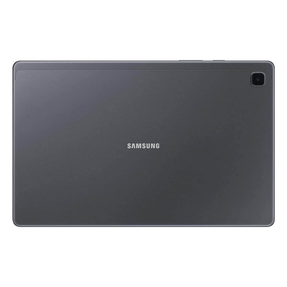 Parte trasera de una tablet Samsung gris oscura con cámara y logo.