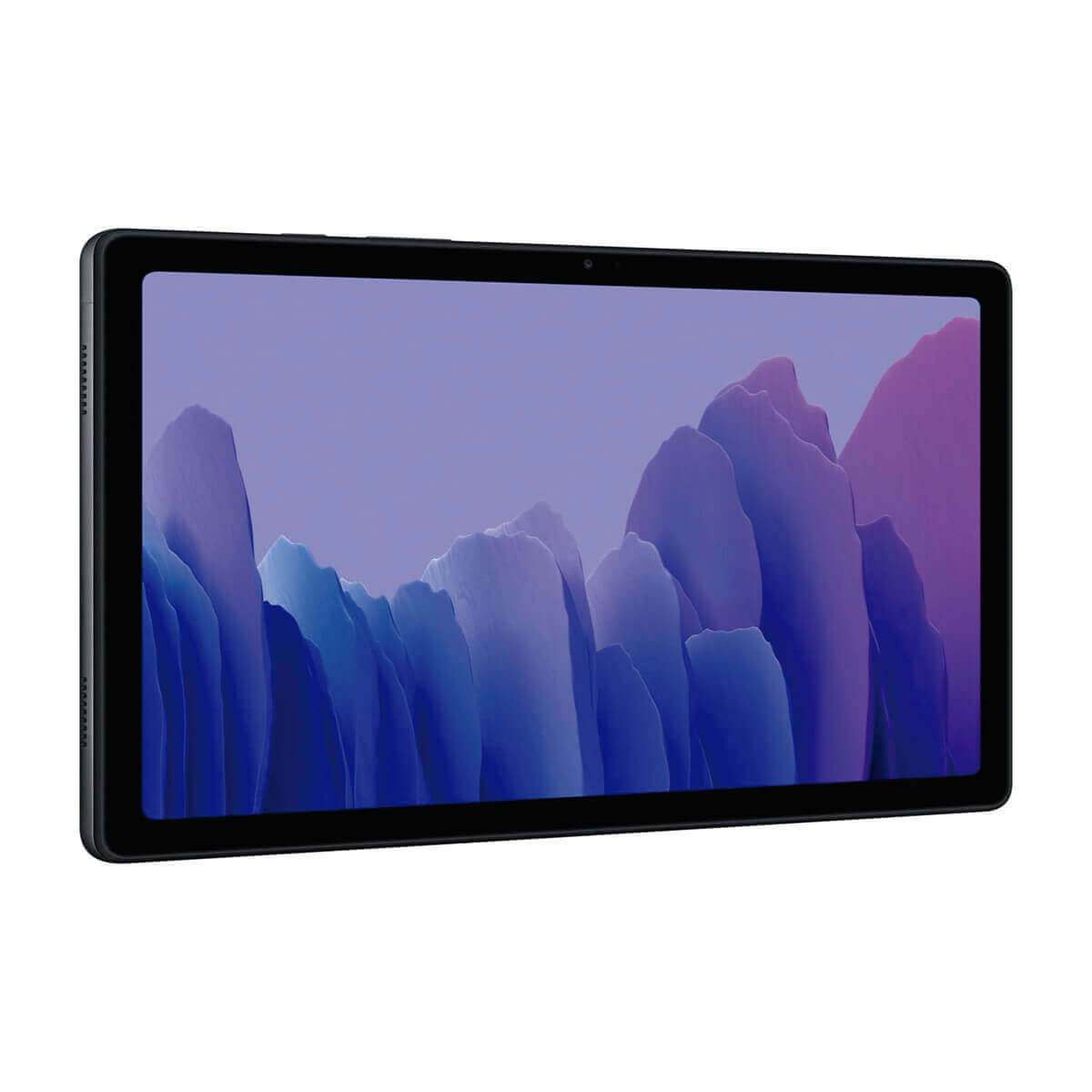 Una tableta negra con una imagen de fondo abstracta azul y púrpura.