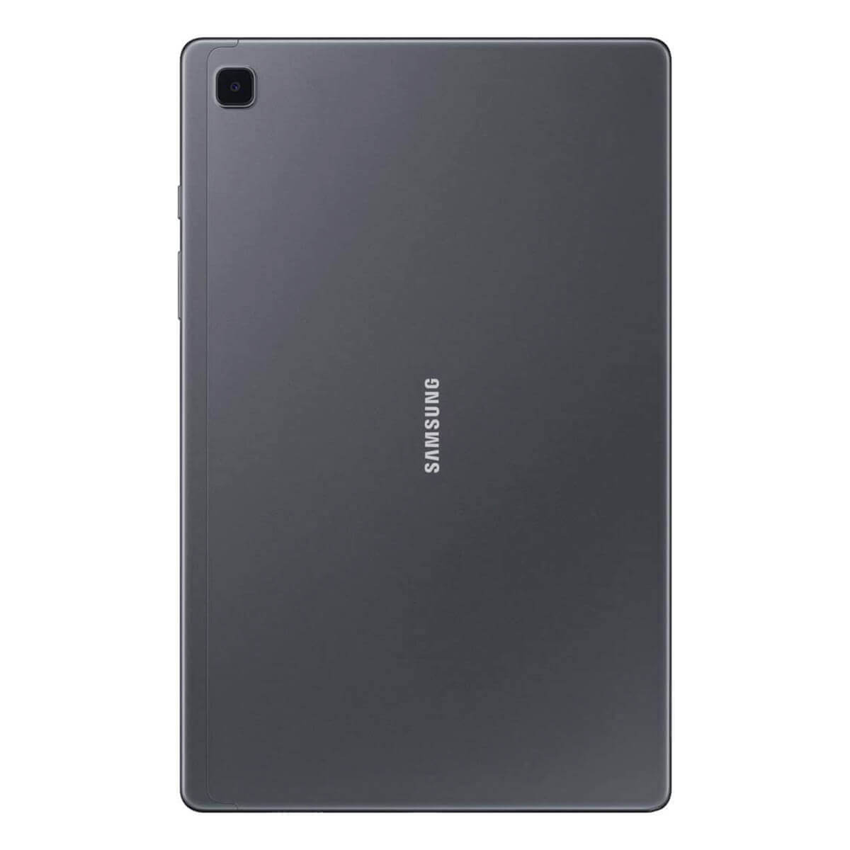 Tableta Samsung gris oscuro, vista trasera con cámara y logo.