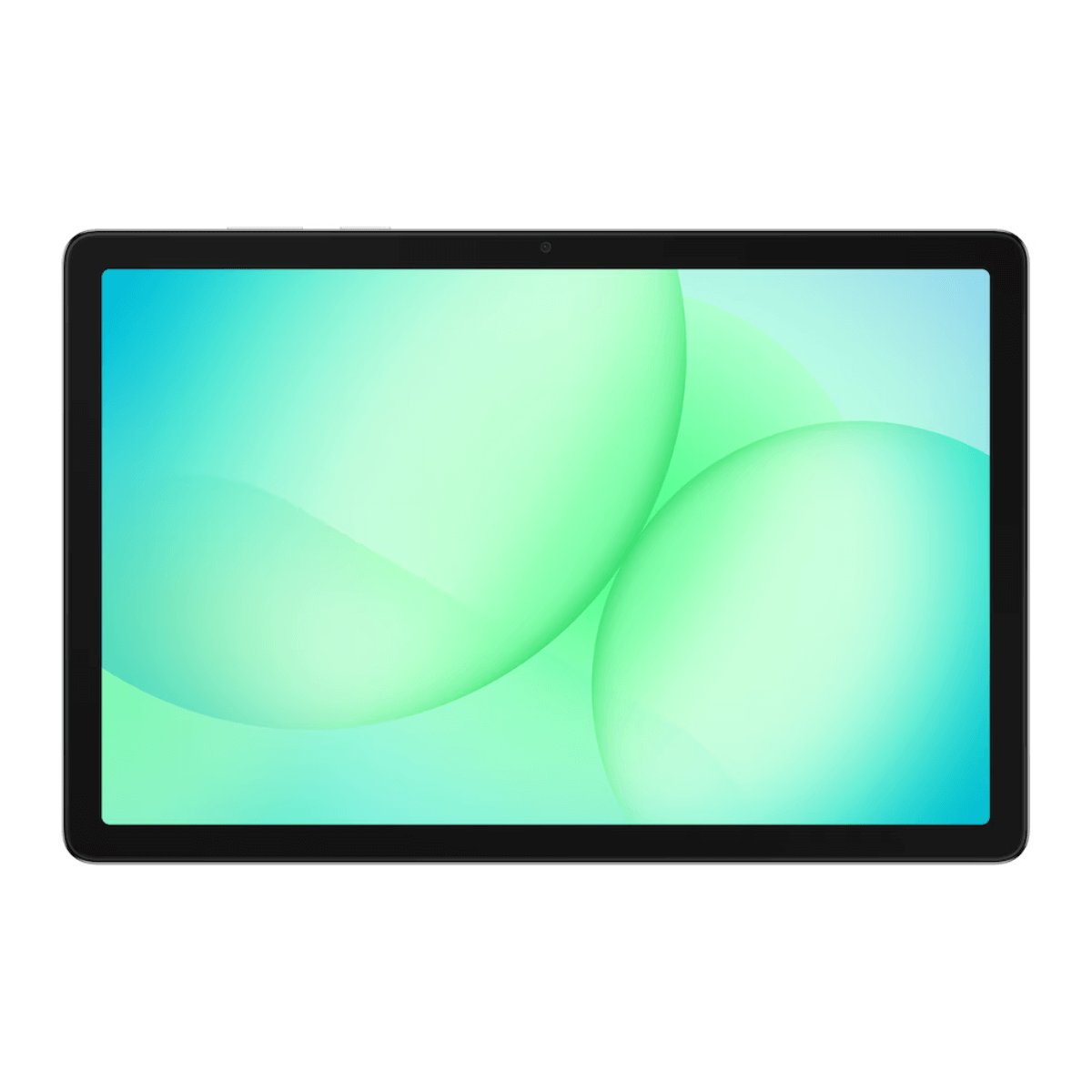 Czarny tablet z niebiesko-zielonym abstrakcyjnym tłem.