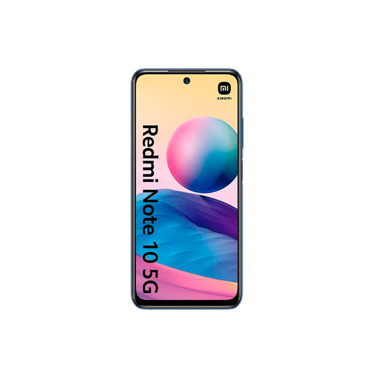 Smartphone blu con testo Redmi Note 10 5G e grafica colorata sullo schermo.