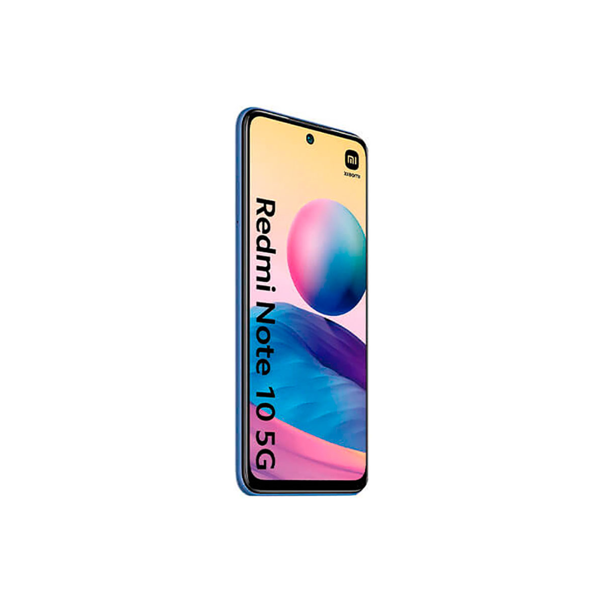 Smartphone blu con scritta Redmi Note 10 5G e sfondo colorato.