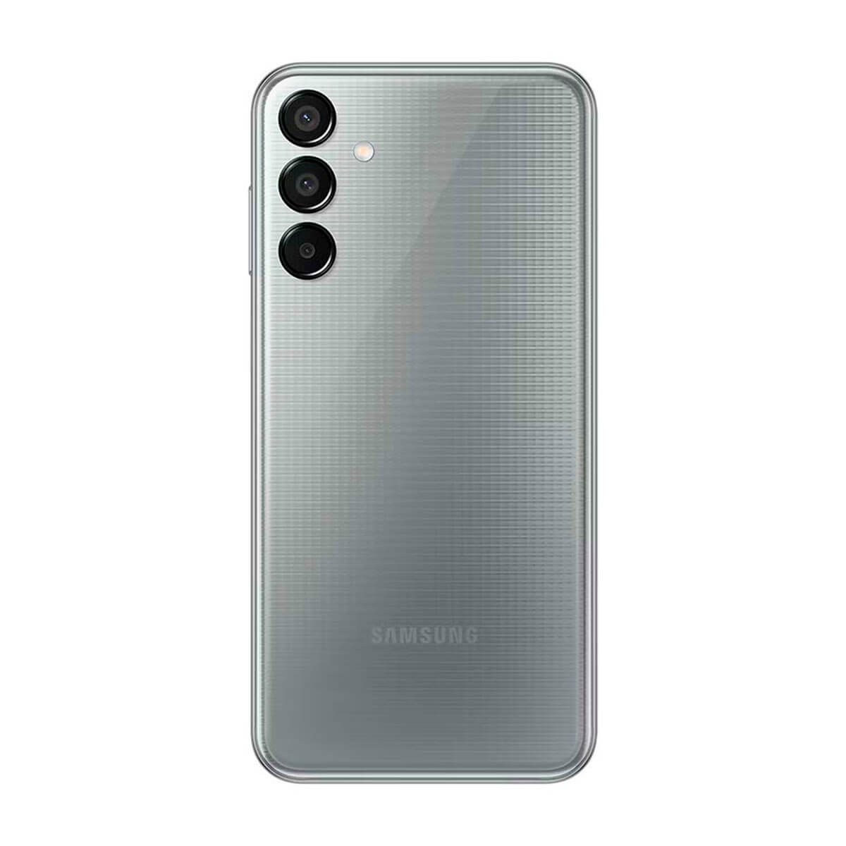 Parte trasera de un smartphone Samsung plateado con tres cámaras y líneas horizontales.