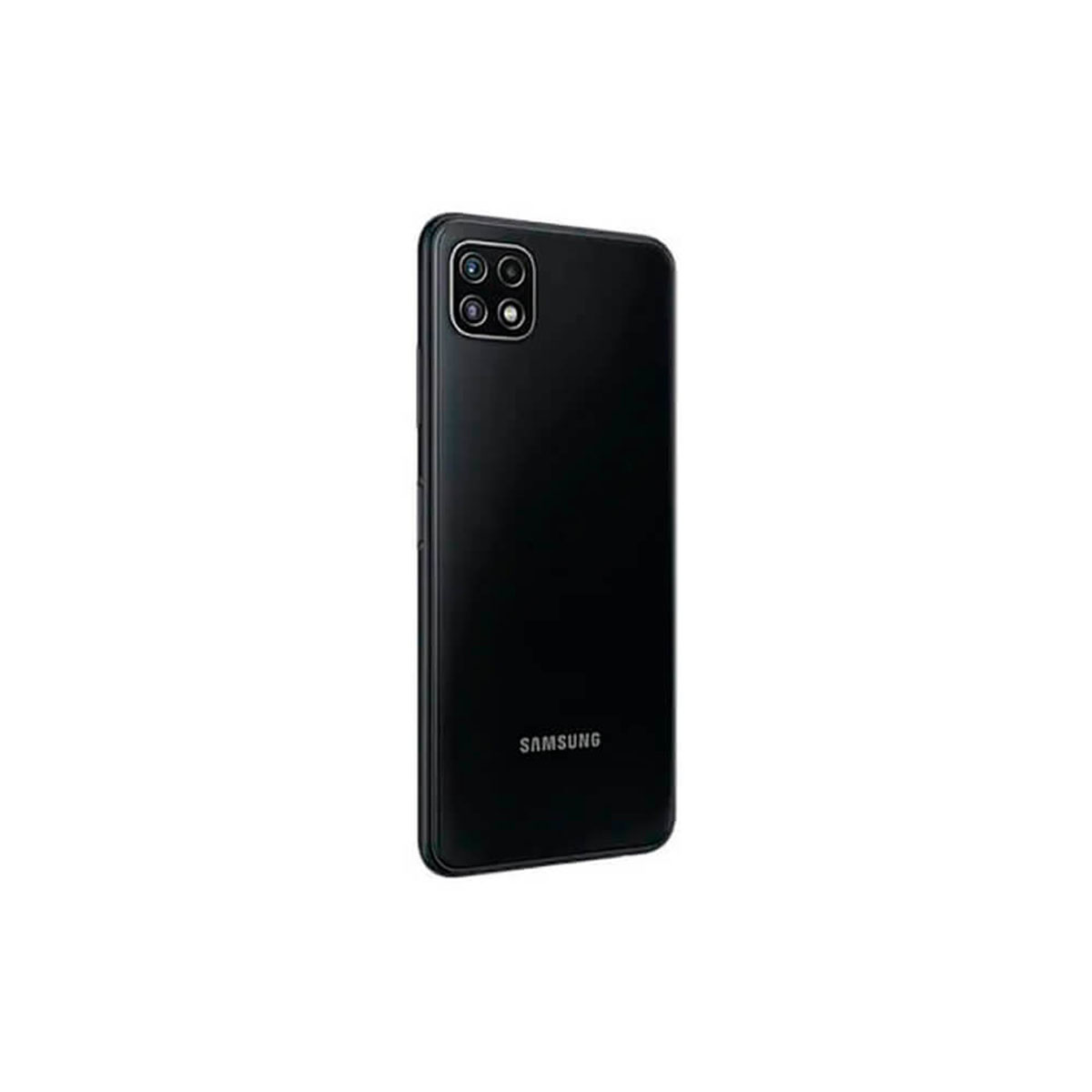 Teléfono inteligente Samsung negro con configuración de cuádruple cámara.