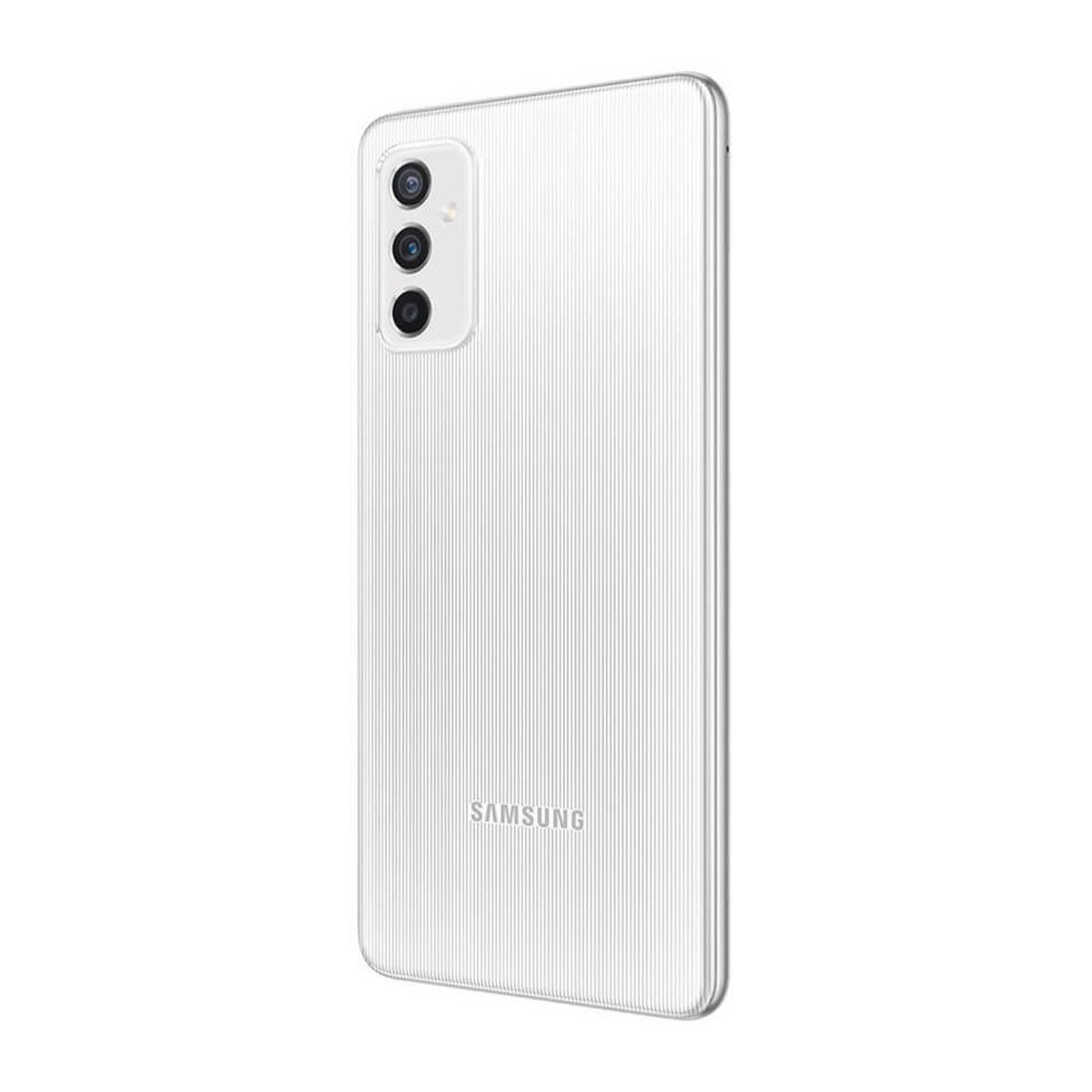 Weiße Rückseite eines Samsung-Smartphones mit vertikalen Rillen und einem Kameramodul.
