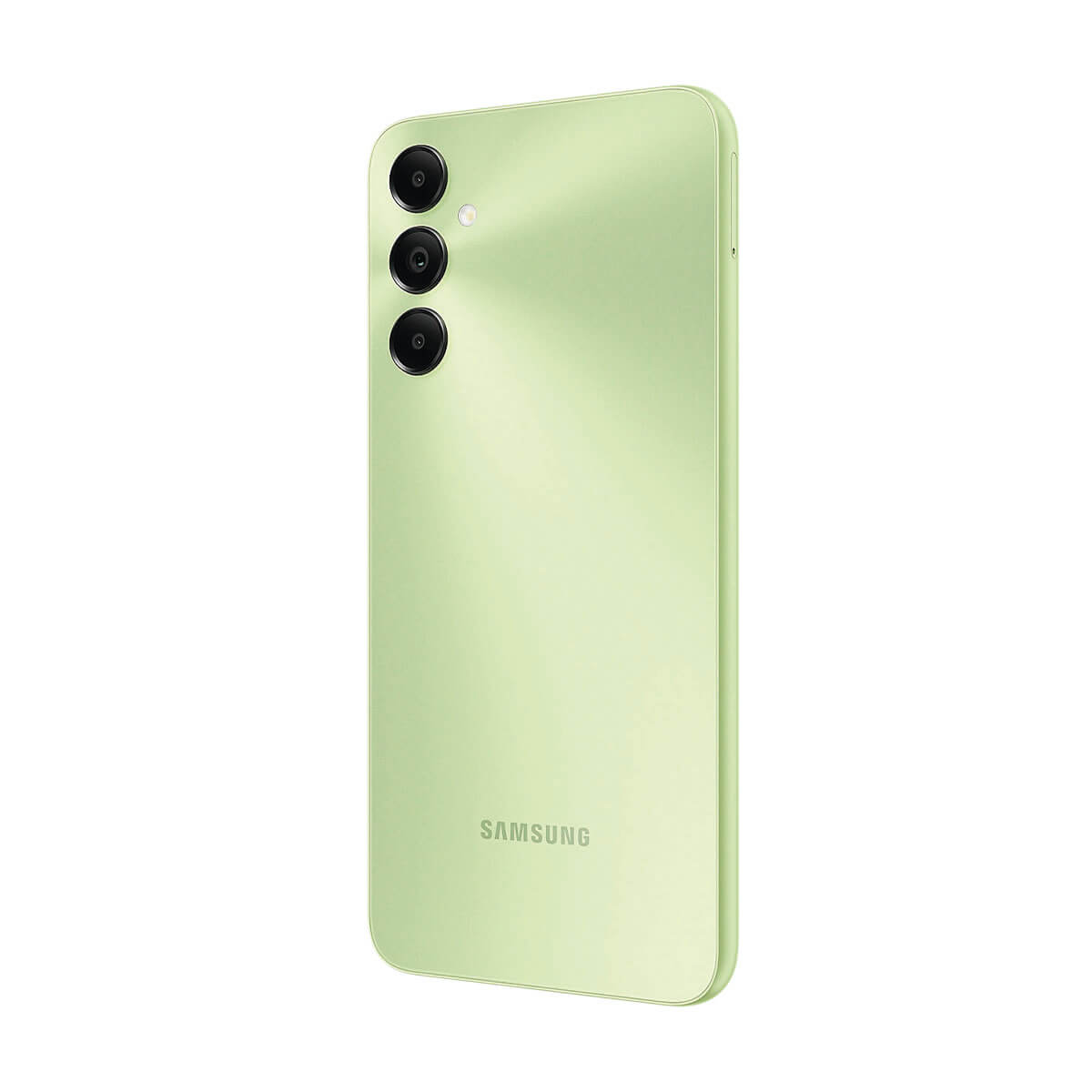 Dos d'un smartphone Samsung vert clair avec trois caméras et logo.