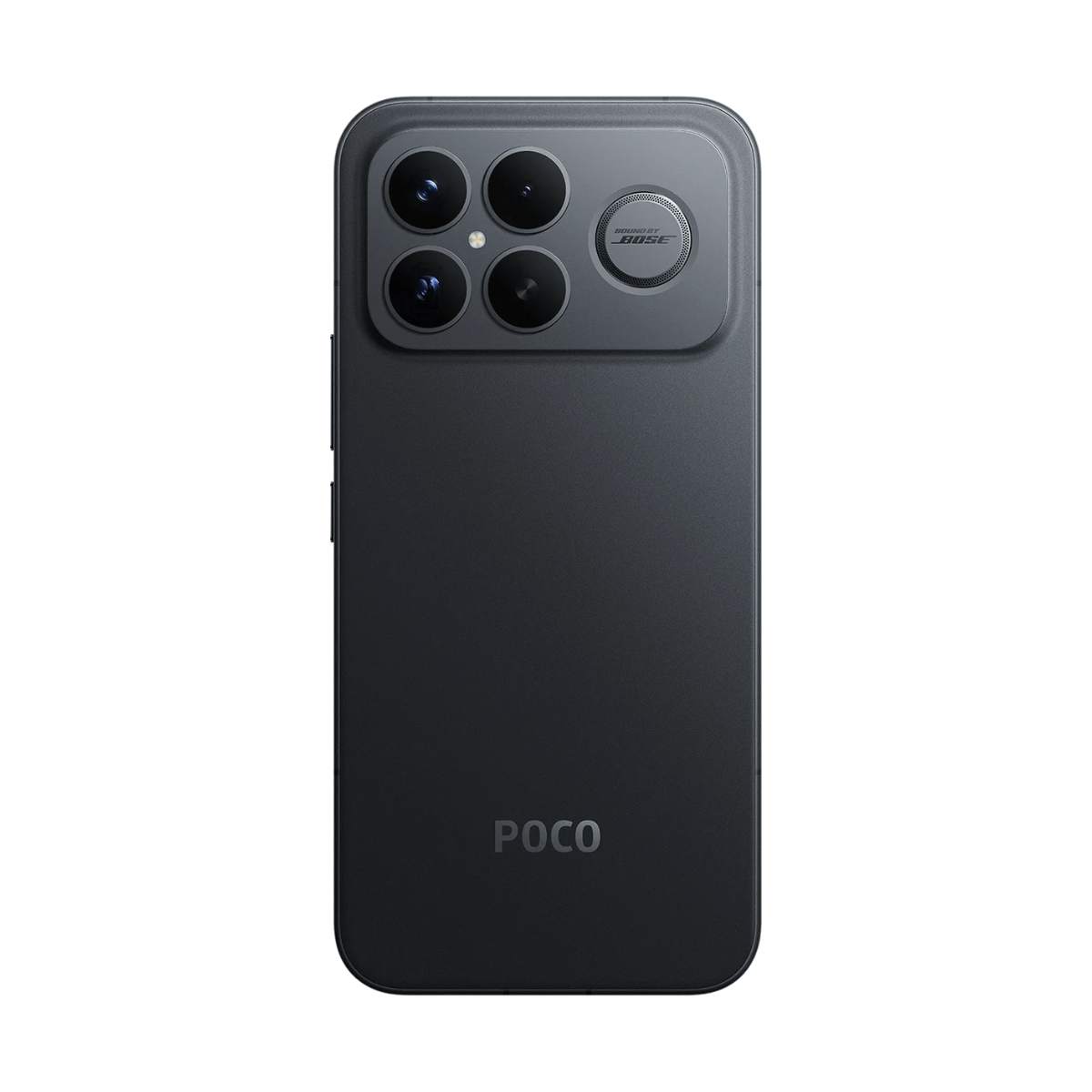 Ciemnoszary smartfon z czterema aparatami i logo BOSE. Napis POCO na dole.