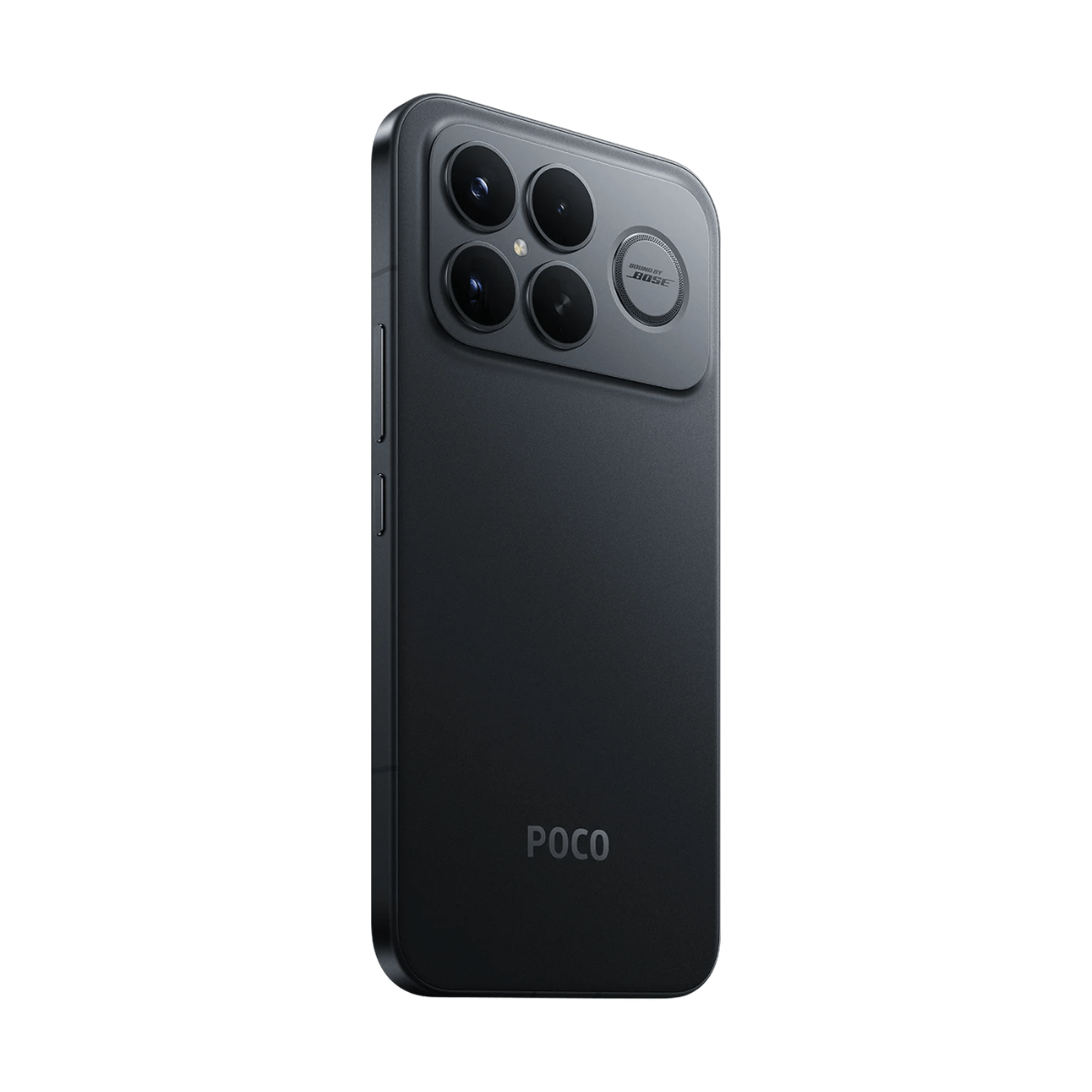 Ciemnoszary smartfon z czterema aparatami i logo POCO.