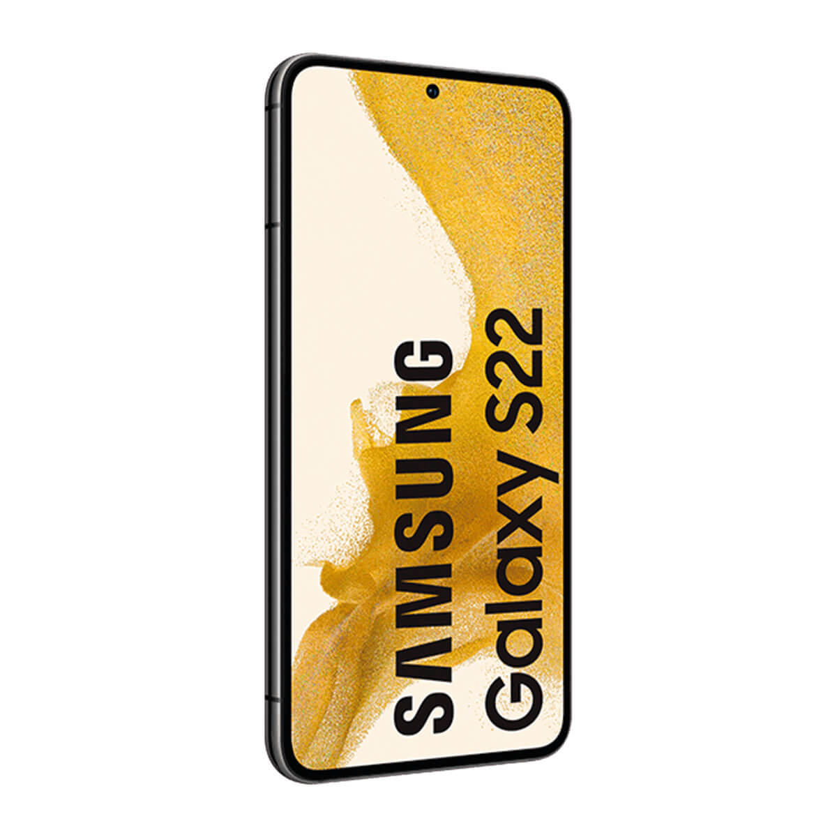 Czarny smartfon Samsung Galaxy S22 na żółtym tle.