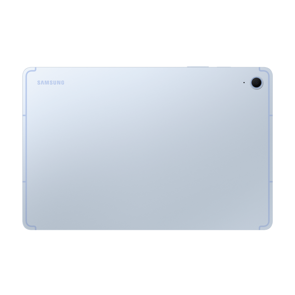 Rückseite eines hellblauen Samsung Tablets mit Kameramodul und Logo.