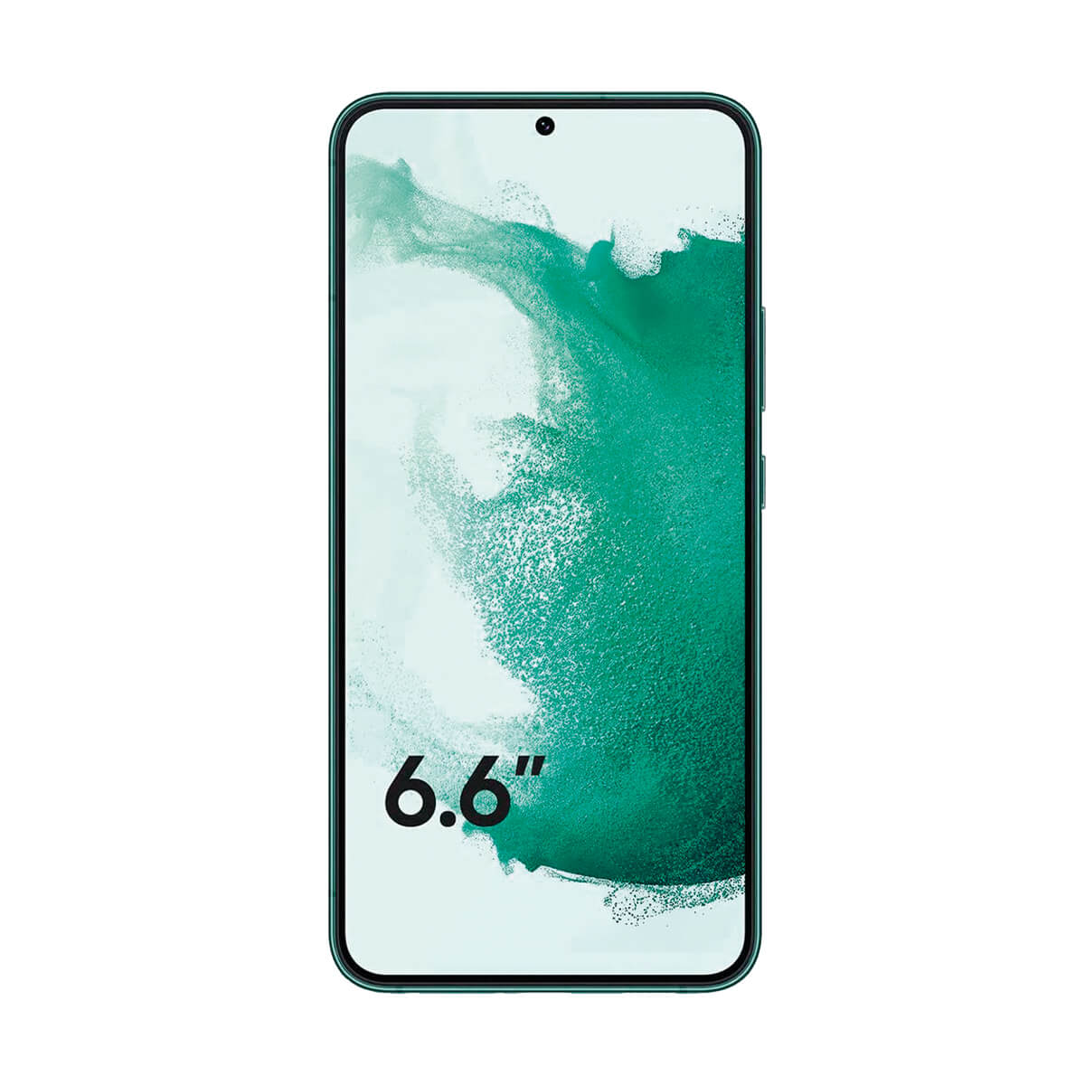 Ein grünes Smartphone mit einem 6,6-Zoll-Bildschirm und einer Nahaufnahme des Bildschirms.