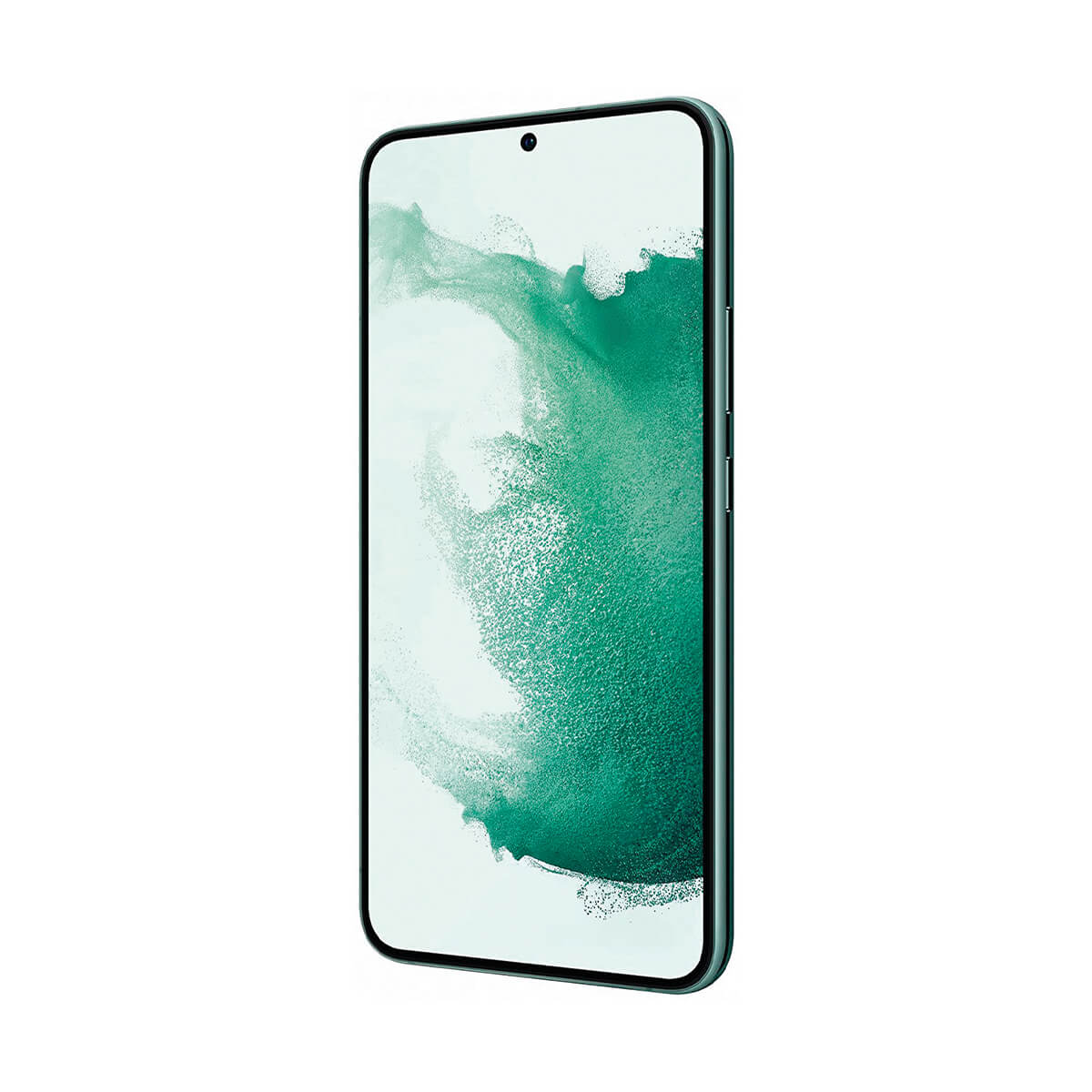 Ein teal Smartphone mit einem Splashscreen, der abstrakte grüne Formen zeigt. Weißer Hintergrund.