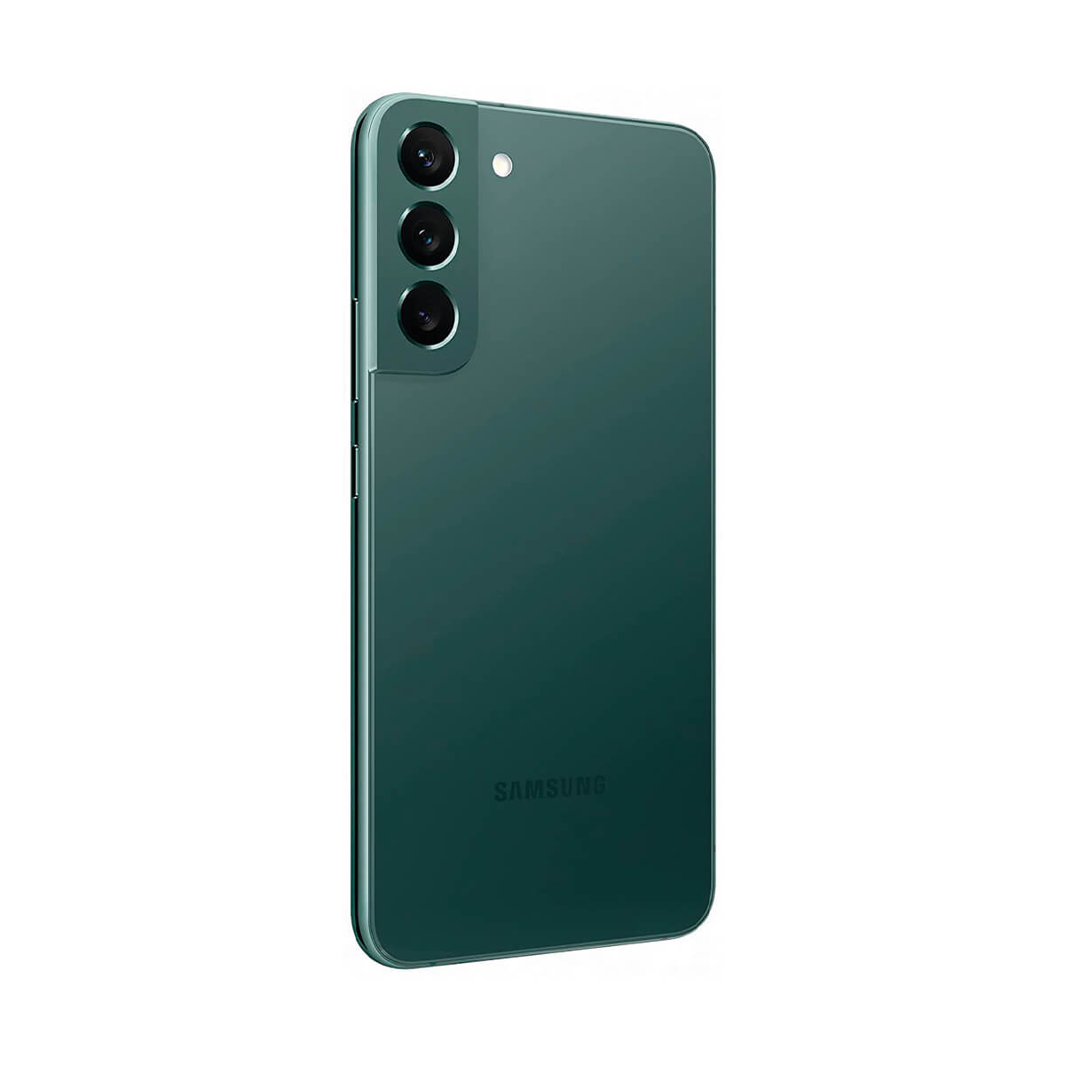 Ciemnozielony smartfon Samsung z trzema obiektywami i lampą błyskową.