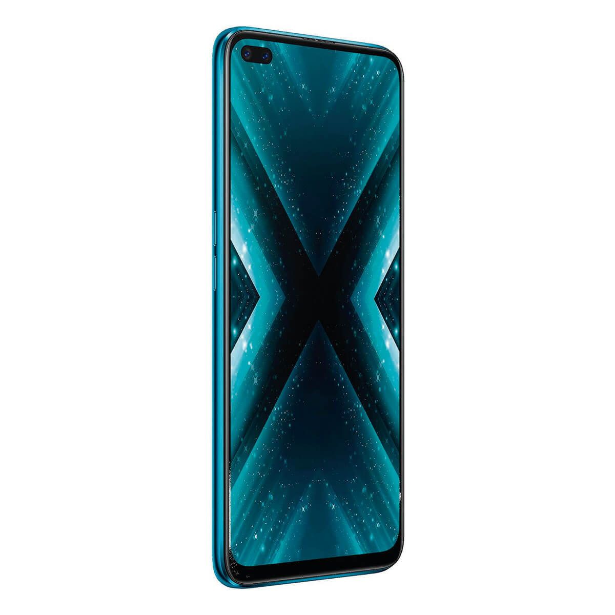 Un teléfono inteligente azul con un fondo azul abstracto se muestra de lado.