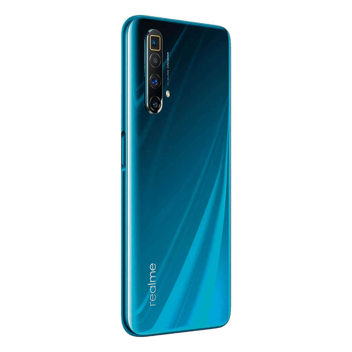 Un smartphone Realme turquesa con cámara cuádruple y acabado degradado azul.