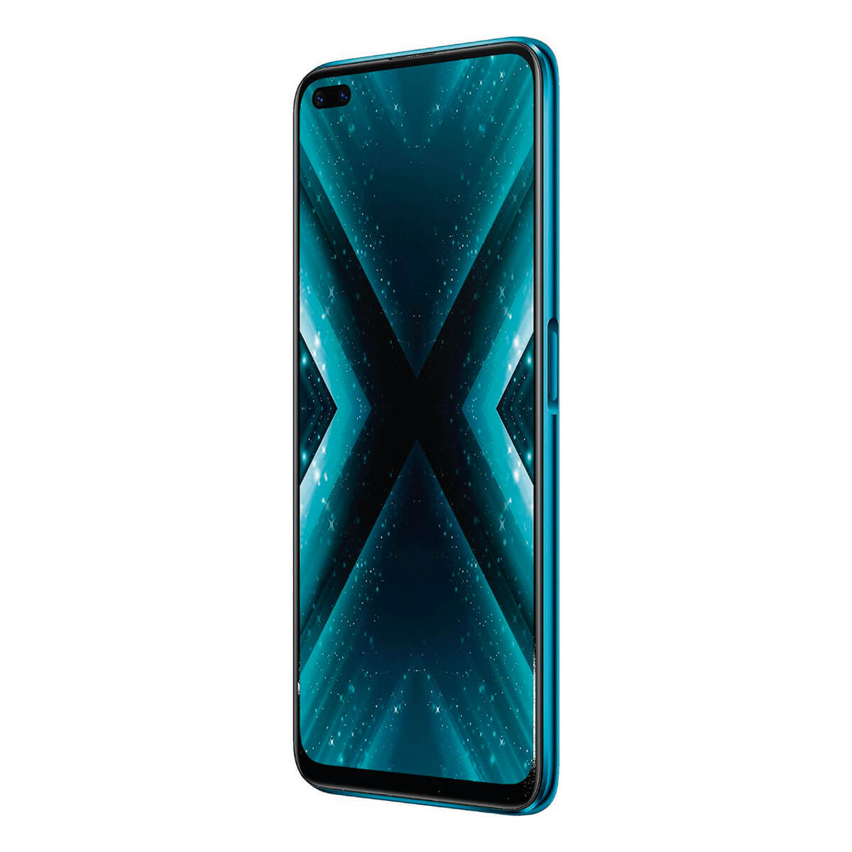 Un smartphone azul que muestra un patrón en forma de X en su pantalla.