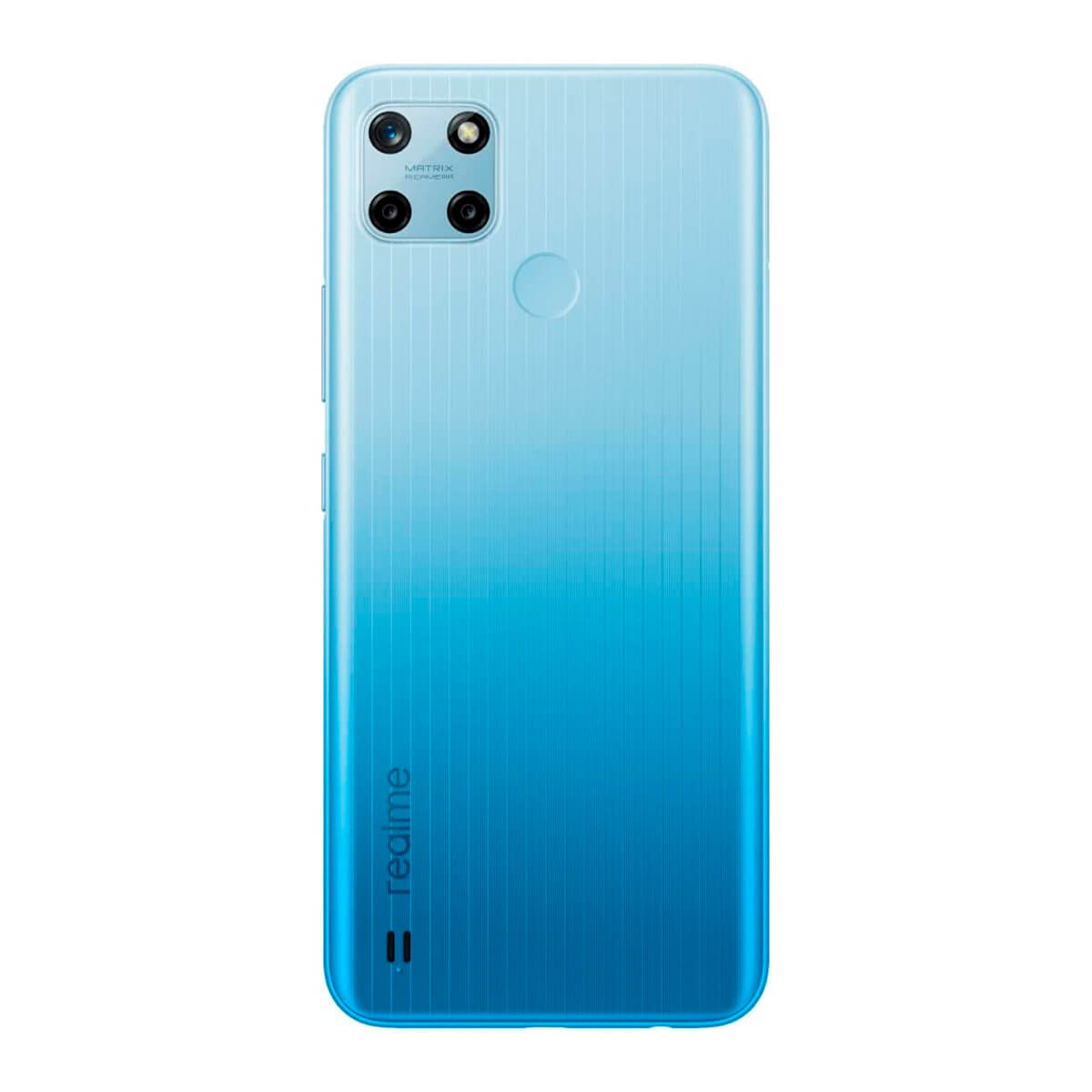 Ein blaues Realme Smartphone mit vierfacher Kamera und Fingerabdrucksensor.