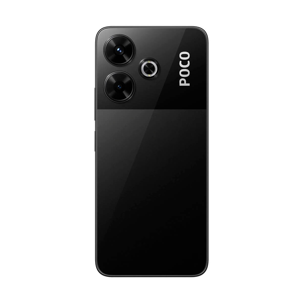 Retro di uno smartphone POCO nero con tripla fotocamera e logo POCO.