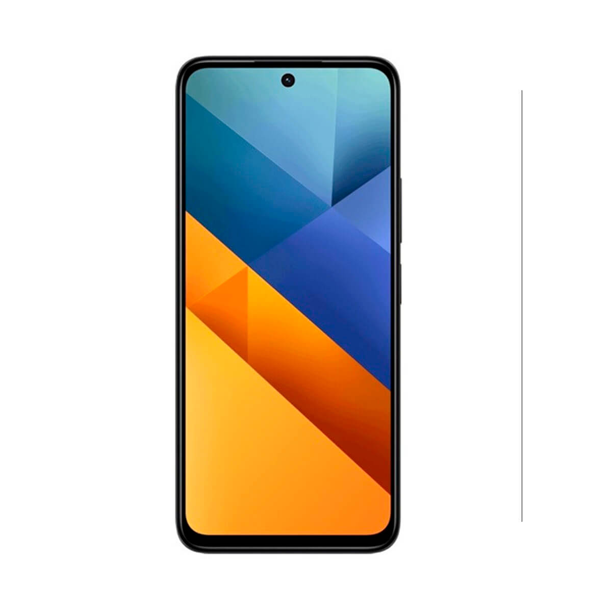 Uno smartphone con uno sfondo geometrico nei toni del blu e dell'arancione.