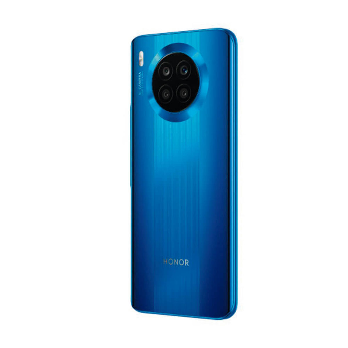Blaues Honor-Smartphone mit vier Kameras in einem runden Modul auf weißem Hintergrund.